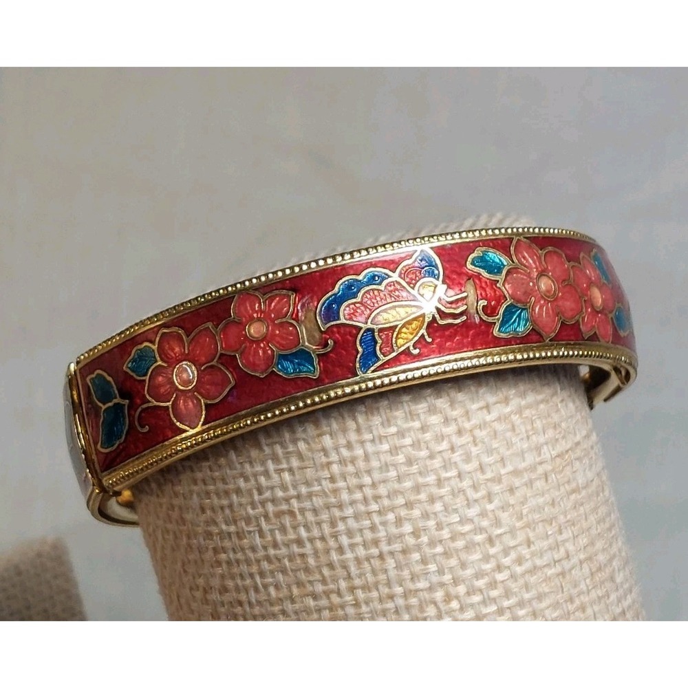 Vintage Bracelet Cloisonné Butterfly Flower Hinged Bangle Red Enamel Gold 80s